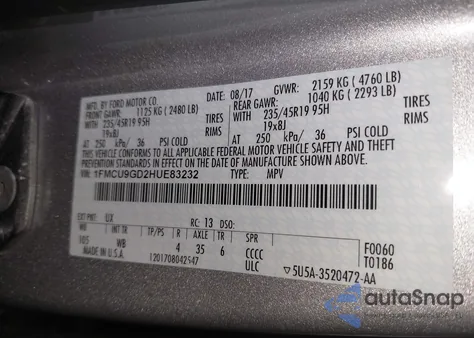 2017 Ford Escape Se from USA, damaged, VIN 1FMCU9GD2HUE83232